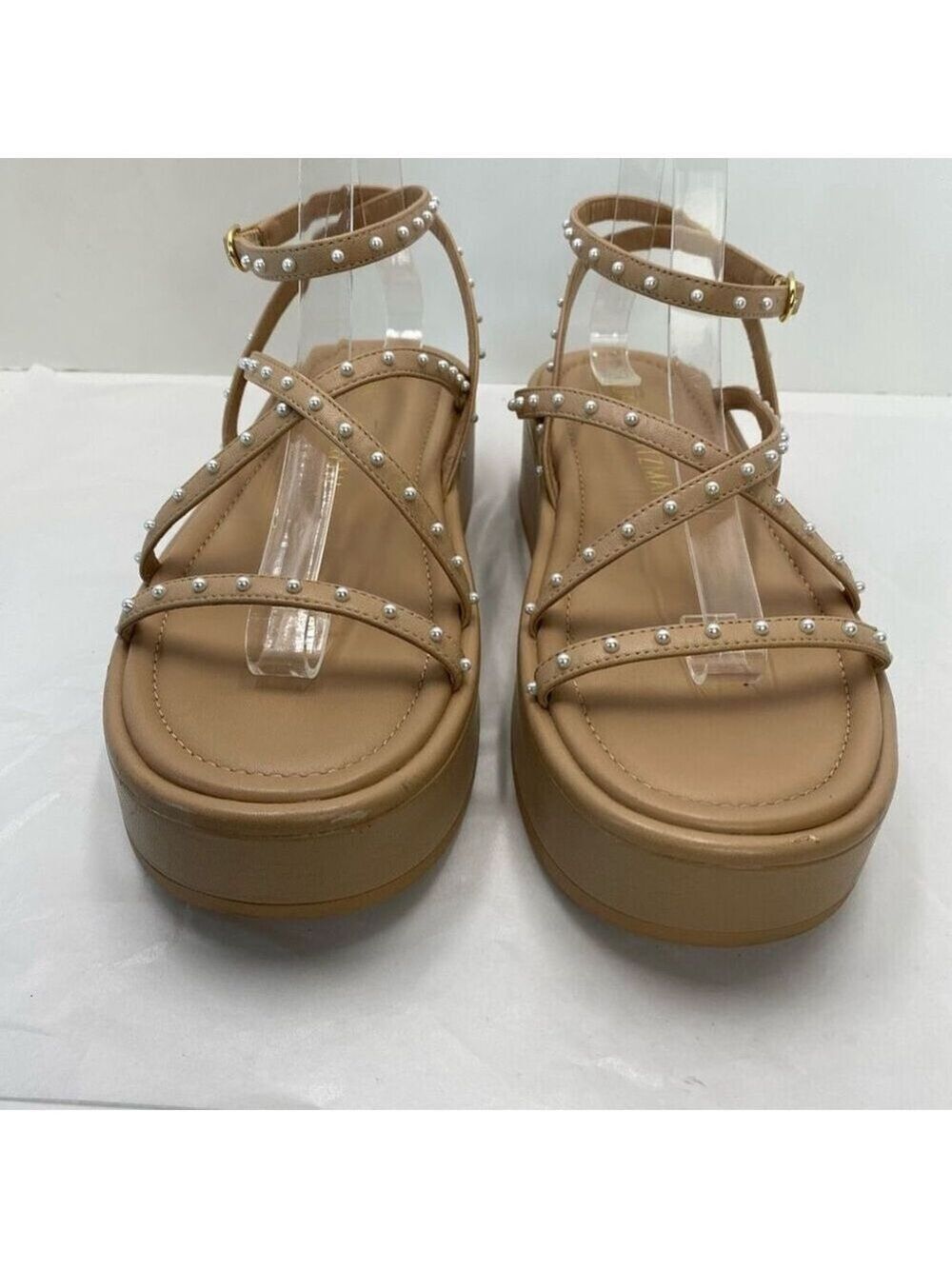 Stuart Weitzman Summerlift faux pearl embellished leather platforms sandals Wome - Picture 3 of 13